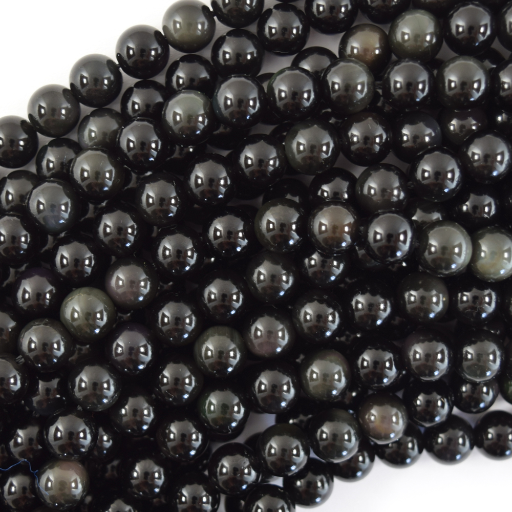 Natural Rainbow Black Obsidian Gemstone Round Beads For Jewelry Making 15"Strand 