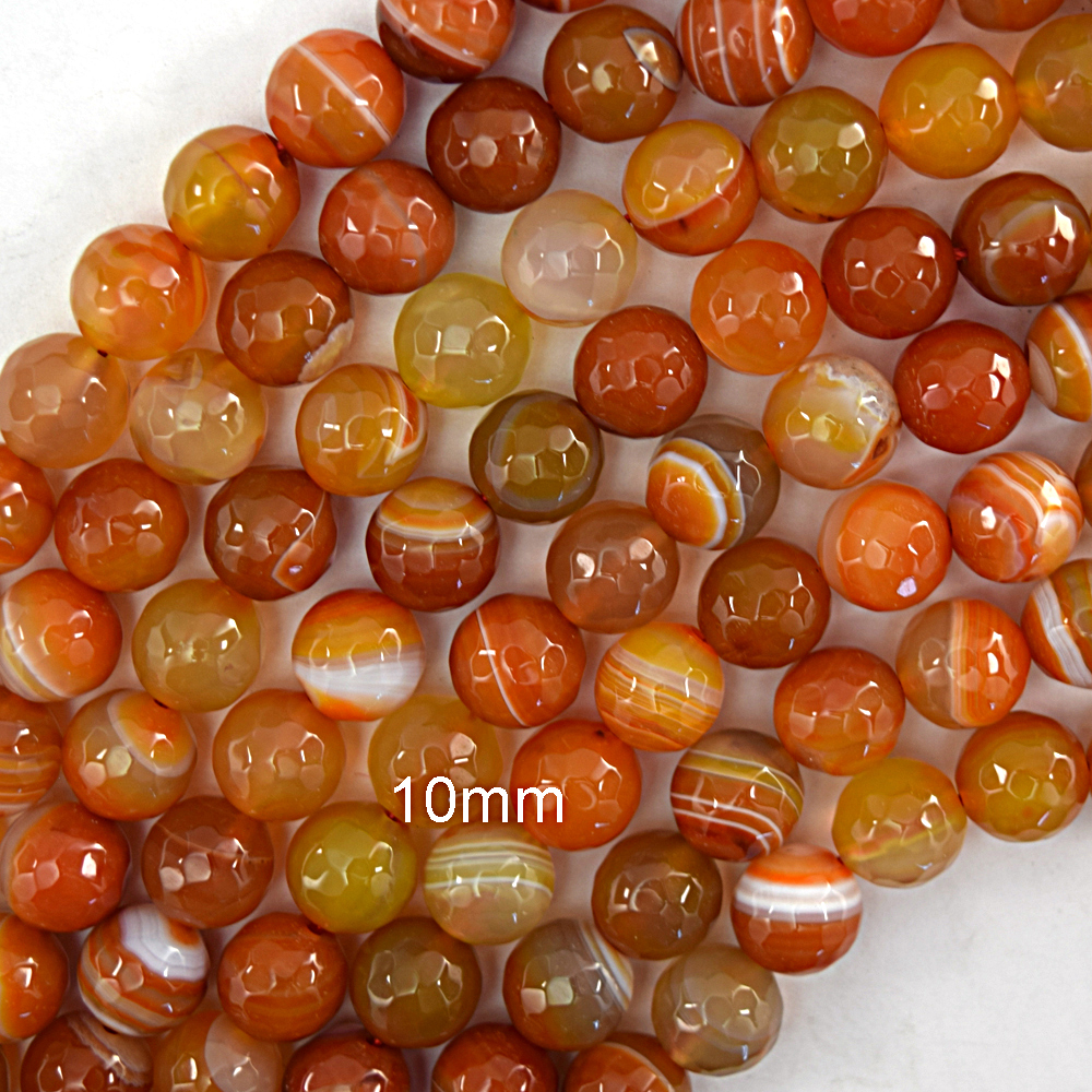 Cuentas redondas facetadas de cornalina a rayas rojas naranja 14,5" hilo 6 mm 8 mm 10 mm - Imagen 2 de 4
