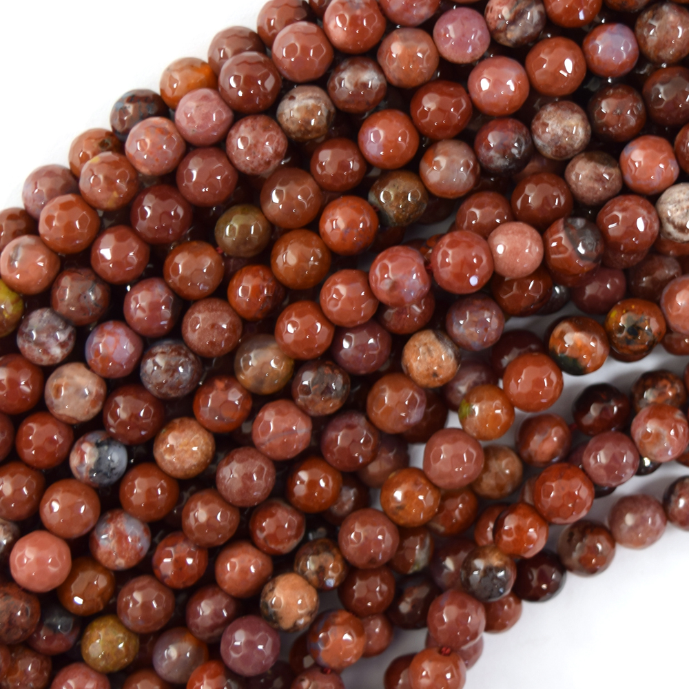 Natural Faceted Red Brown Portuguese Agate Round Beads 15″ Strand 6mm 8mm 10mm