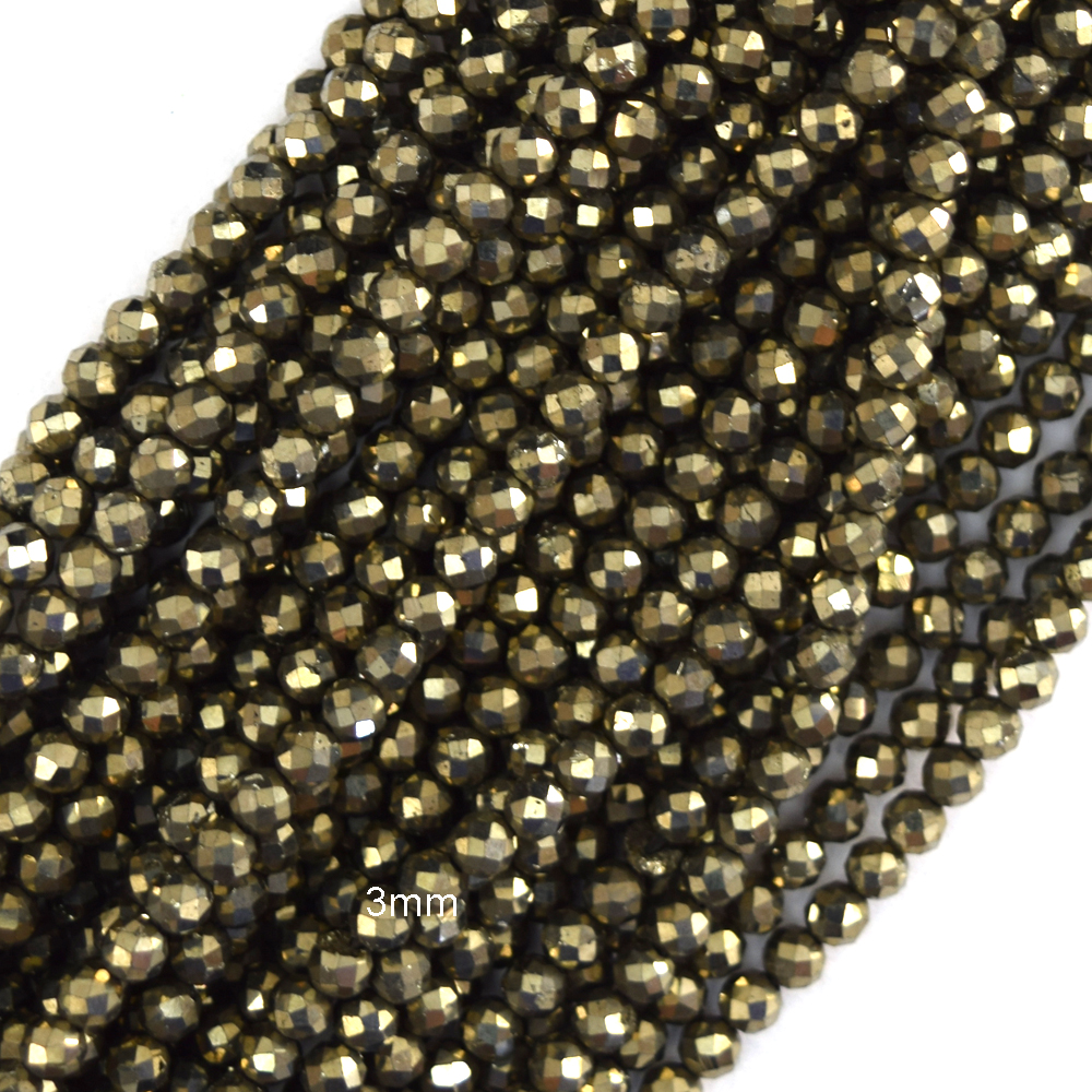 Natural Micro Faceted Pyrite Round Beads Gemstone 15.5″ Strand 3mm 4mm